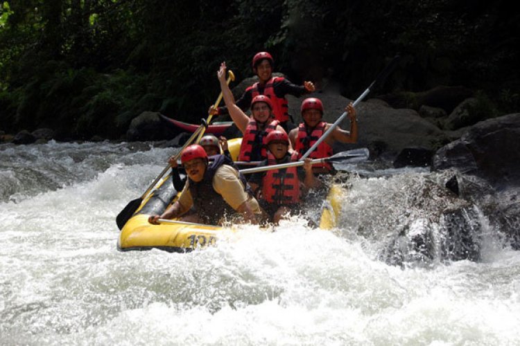Rafting team posing in front of ancient stone carvings